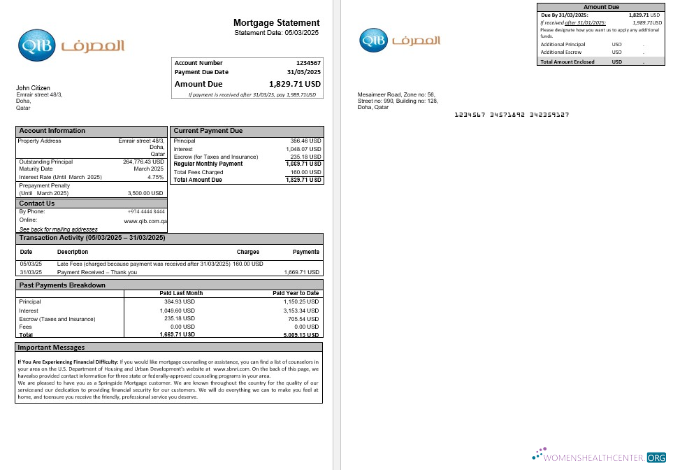 Download Qatar Islamic bank mortgage statement in Word and PDF formats Photoshop template